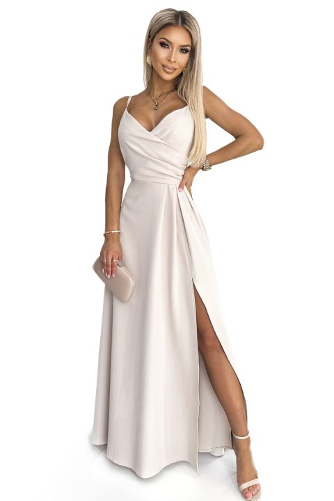 299-6 CHIARA elegancka maxi długa suknia na ramiączkach - BEŻOWA 299-6 CHIARA elegancka maxi długa suknia na ramiączkach - BEŻOWA