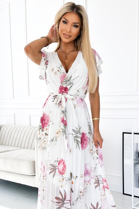 434-6 LISA Plisowana sukienka midi z dekoltem i falbankami - wiosenne kwiaty na białym tle 434-6 LISA Plisowana sukienka midi z dekoltem i falbankami - wiosenne kwiaty na białym tle