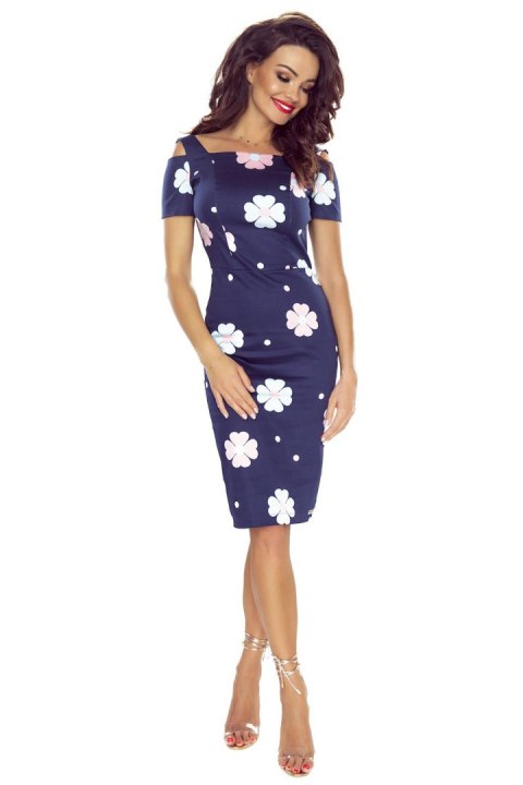 440-3 Elegancka sukienka z krótkim rękawkiem - GRANATOWA W KWIATY 440-3 Elegancka sukienka z krótkim rękawkiem - GRANATOWA W KWIATY