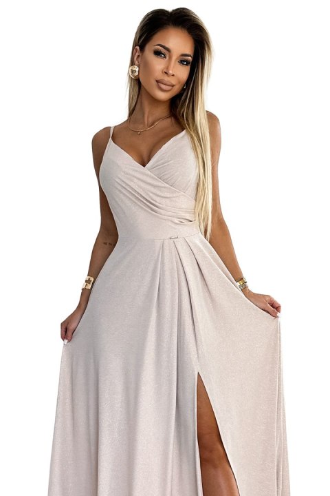 299-15 CHIARA elegancka maxi długa suknia na ramiączkach - BEŻOWA Z BROKATEM 299-15 CHIARA elegancka maxi długa suknia na ramiączkach - BEŻOWA Z BROKATEM
