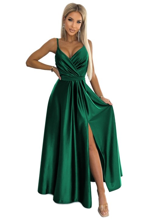 512-1 JULIET elegancka długa satynowa suknia z dekoltem - ZIELEŃ BUTELKOWA 512-1 JULIET elegancka długa satynowa suknia z dekoltem - ZIELEŃ BUTELKOWA