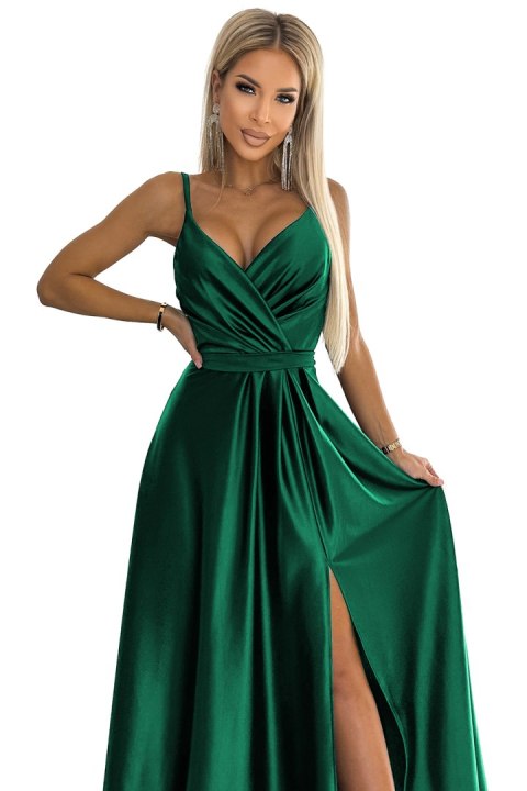 512-1 JULIET elegancka długa satynowa suknia z dekoltem - ZIELEŃ BUTELKOWA 512-1 JULIET elegancka długa satynowa suknia z dekoltem - ZIELEŃ BUTELKOWA