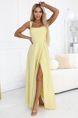 AURELIA długa sukienka na wesele z rozcięciem i dekoltem w caro - masełkowy żółty z brokatem