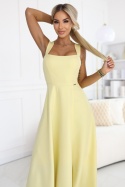 AURELIA długa sukienka na wesele z rozcięciem i dekoltem w caro - masełkowy żółty z brokatem