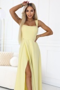AURELIA długa sukienka na wesele z rozcięciem i dekoltem w caro - masełkowy żółty z brokatem