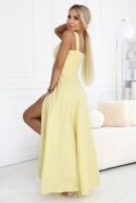 AURELIA długa sukienka na wesele z rozcięciem i dekoltem w caro - masełkowy żółty z brokatem
