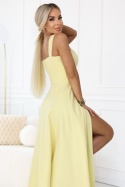 AURELIA długa sukienka na wesele z rozcięciem i dekoltem w caro - masełkowy żółty z brokatem