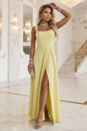 AURELIA długa sukienka na wesele z rozcięciem i dekoltem w caro - masełkowy żółty z brokatem