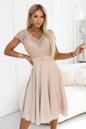 LINDA szyfonowa zwiewna sukienka z koronkowym dekoltem - beżowa