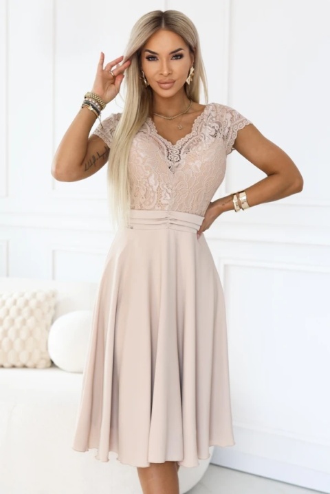 LINDA szyfonowa zwiewna sukienka z koronkowym dekoltem - beżowa