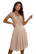 LINDA szyfonowa zwiewna sukienka z koronkowym dekoltem - beżowa