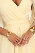 SCARLETT rozkloszowana sukienka midi z kopertowym dekoltem i paskiem - masełkowy żółty
